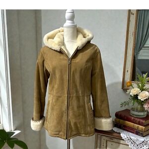 Wilsons Leather Suede Hooded Coat Faux Fur Lined Tan Shearling‎ Style Size M